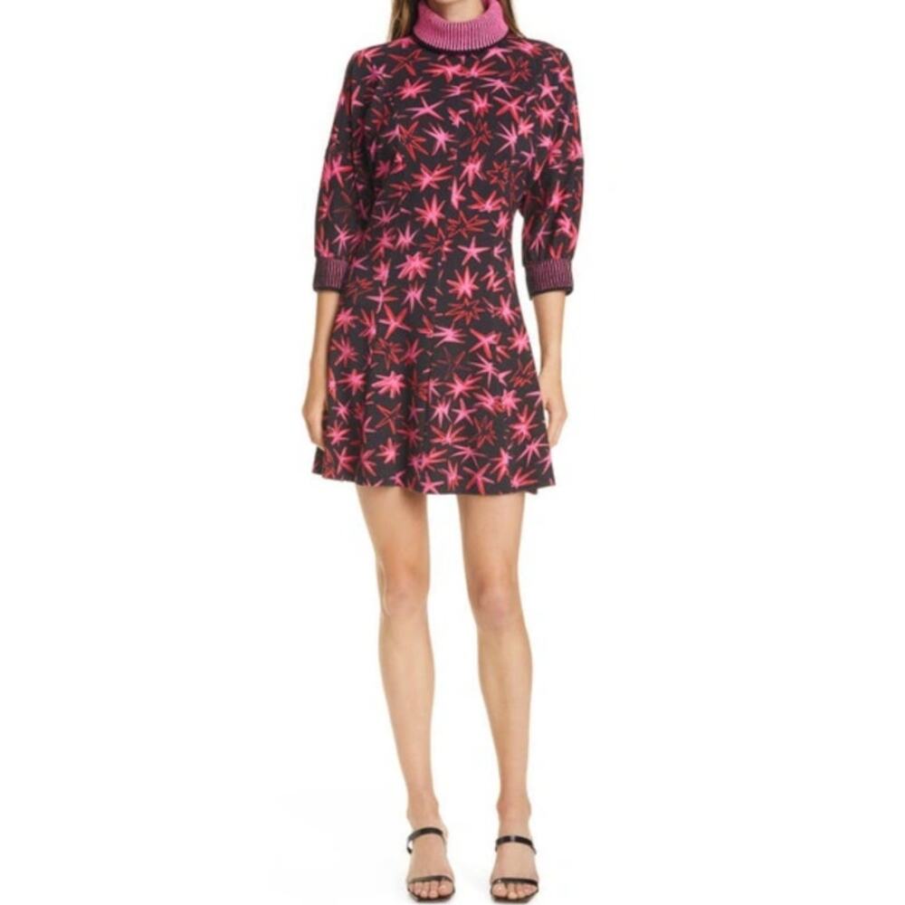 Tanya Taylor Charli Turtleneck Pow Print Ponte Black Multi Mini Dress Women's 8